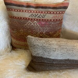 Taupe & brown rectangle woven Kilim designer pillow from Turkey, 8 x 14.